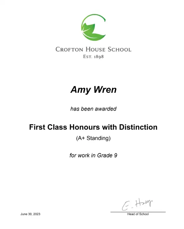 First class Honour Roll with Distinction